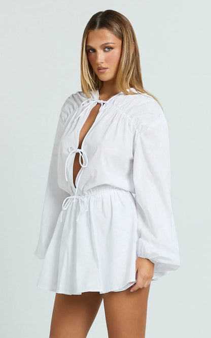 Felix Mini Dress - Front Tie Bishop Sleeve Dress in White