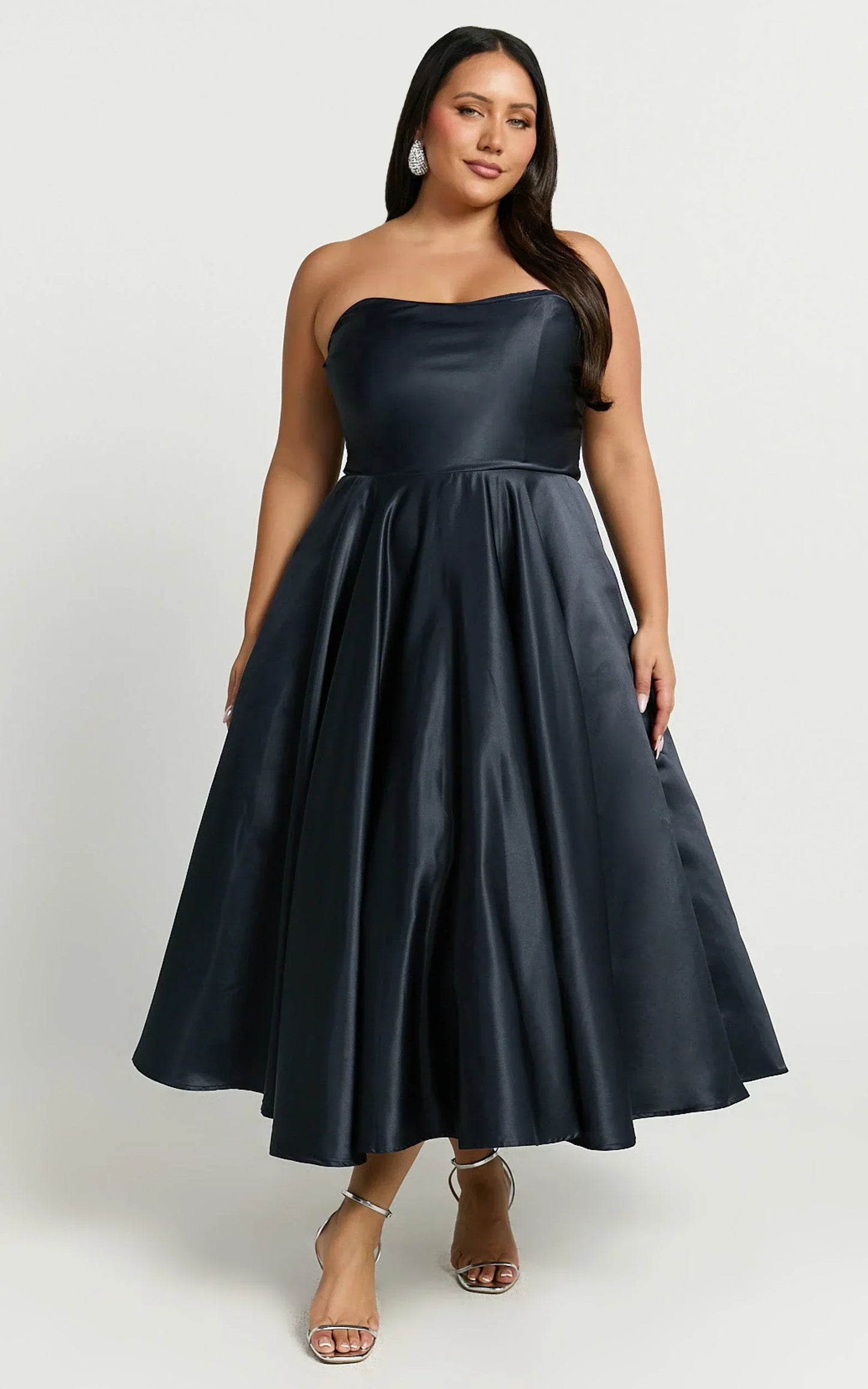 Helaina Midi Dress - Line Satin Dress in Navy