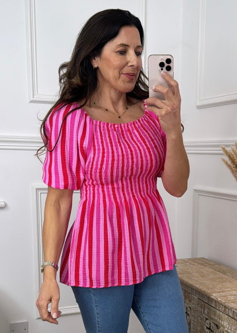 Mathea Fuchsia Striped Puff Sleeve Blouse