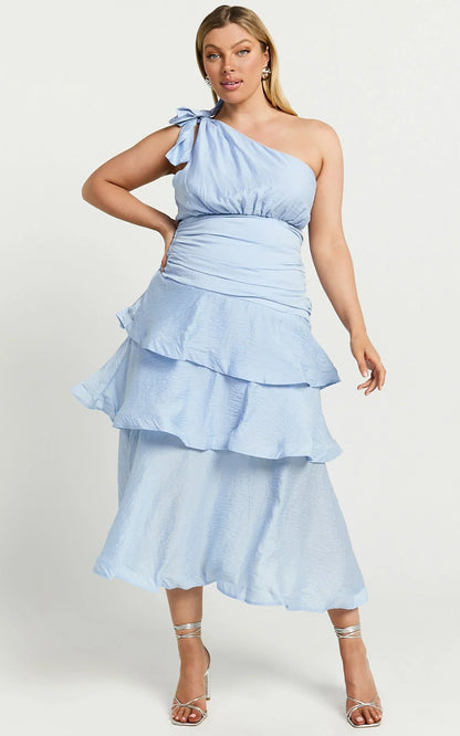 Eugenia Midi Dress - One Shoulder Fit and Flare Layered Dress in Pale Blue