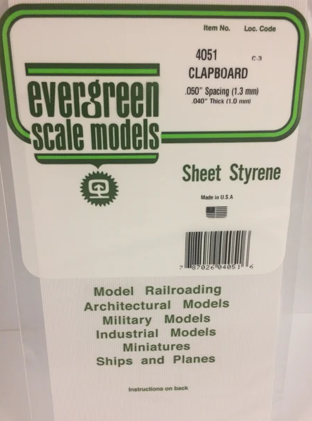 Evergreen Clapboard Siding .040", .050" Spacing - Opaque White Polystyrene - #4051