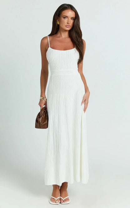 Donissa Midi Dress - Panelled Knit Dress in White