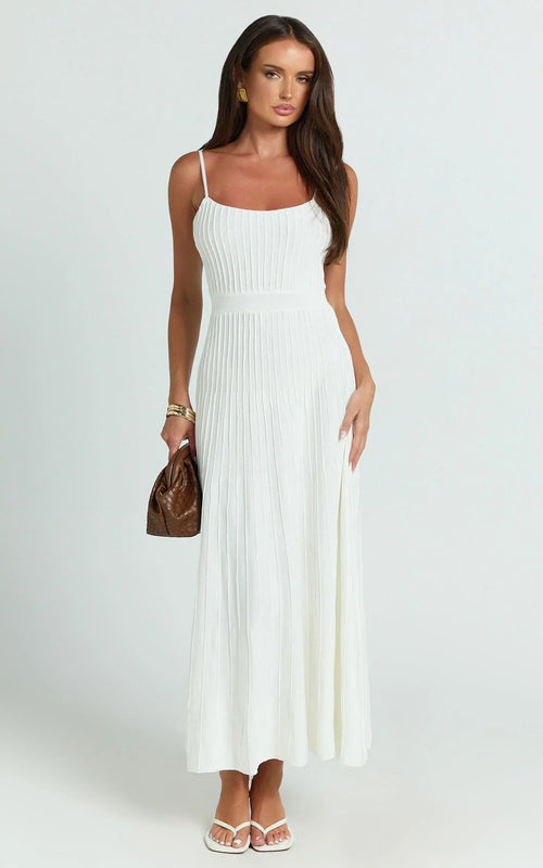 Donissa Midi Dress - Panelled Knit Dress in White