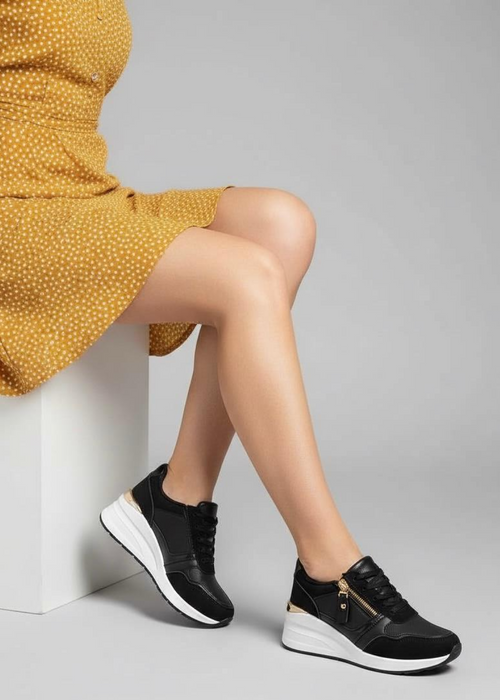 Laura Black Zip Detail Wedge Trainers