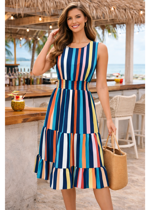 Jaclyn Navy Striped Tiered Midi Dress