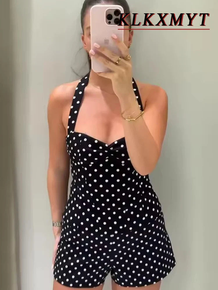 2026 Women New Fashion Suit Sexy Sleeveless Backless Polka Dot Halter Slim Short Top+Side Zipper Casual Short Skirts