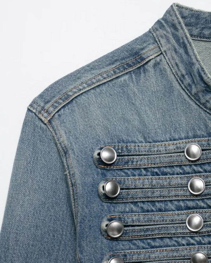 2026 New Women Denim 2 Piece Set Streetwear Button Decorated Stand Collar Cropped Jacket + Low Waist Shorts Y2K Outfi