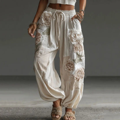 2026 New Women Pink 3D Floral Print Long Pants Elegant High Waist Straight Leg Trousers Casual Party Fashion Streetwear Bottoms