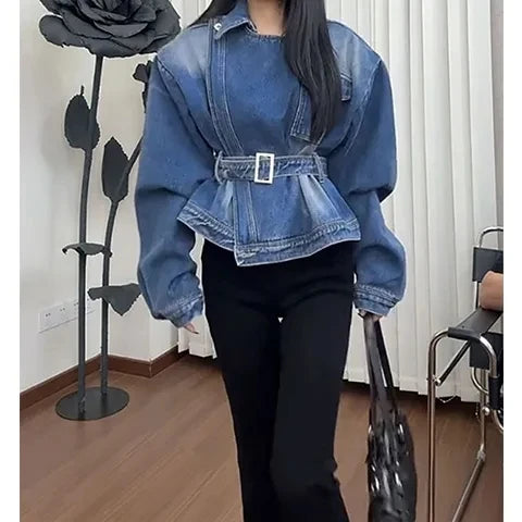 2026 Spring New American Style Washed Denim Jacket For Women Belted Waist Slim Fit Design Versatile And Trendy Casual Outerwear