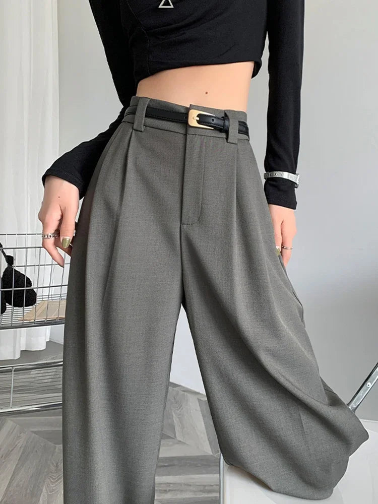 2025 Fall Winter Elegant Gray Suits Pants for Women Office Lady High Waist Wide Leg Fashion Trousers with Pockets Black Pants