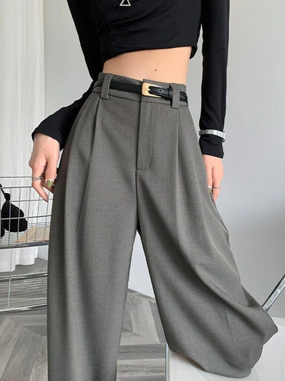 2025 Fall Winter Elegant Gray Suits Pants for Women Office Lady High Waist Wide Leg Fashion Trousers with Pockets Black Pants