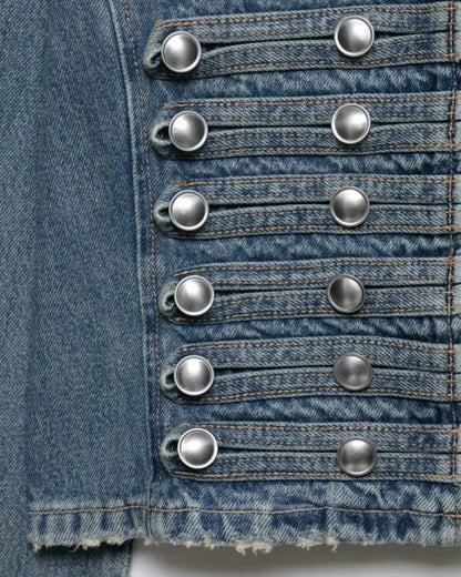 2026 New Women Denim 2 Piece Set Streetwear Button Decorated Stand Collar Cropped Jacket + Low Waist Shorts Y2K Outfi
