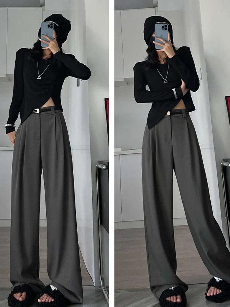 2025 Fall Winter Elegant Gray Suits Pants for Women Office Lady High Waist Wide Leg Fashion Trousers with Pockets Black Pants