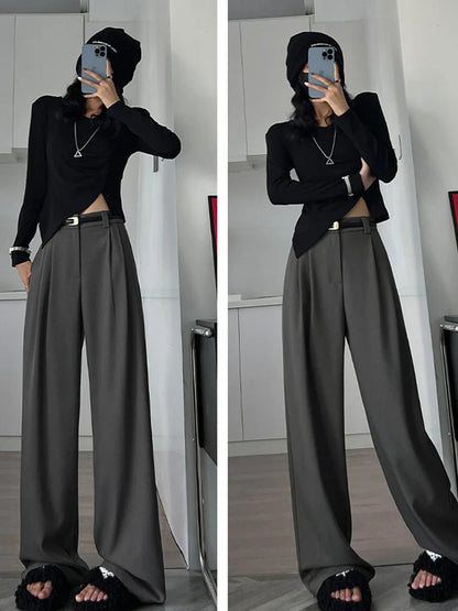 2025 Fall Winter Elegant Gray Suits Pants for Women Office Lady High Waist Wide Leg Fashion Trousers with Pockets Black Pants