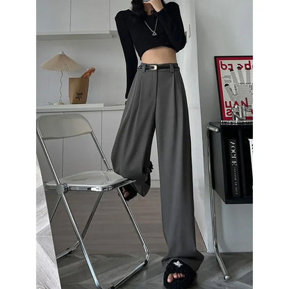 2025 Fall Winter Elegant Gray Suits Pants for Women Office Lady High Waist Wide Leg Fashion Trousers with Pockets Black Pants