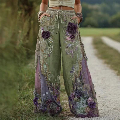 2026 New Women Pink 3D Floral Print Long Pants Elegant High Waist Straight Leg Trousers Casual Party Fashion Streetwear Bottoms