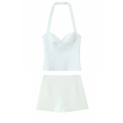 2026 Women New Fashion Suit Sexy Sleeveless Backless Polka Dot Halter Slim Short Top+Side Zipper Casual Short Skirts