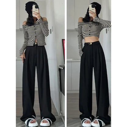 2025 Fall Winter Elegant Gray Suits Pants for Women Office Lady High Waist Wide Leg Fashion Trousers with Pockets Black Pants