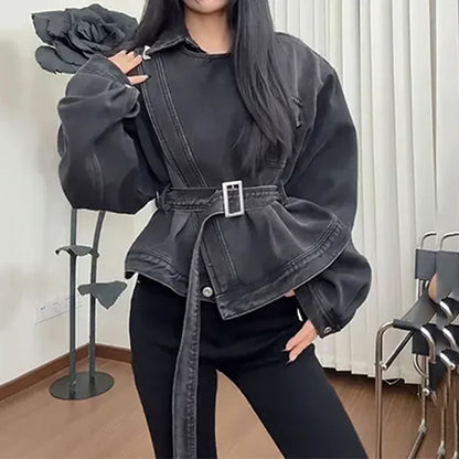 2026 Spring New American Style Washed Denim Jacket For Women Belted Waist Slim Fit Design Versatile And Trendy Casual Outerwear