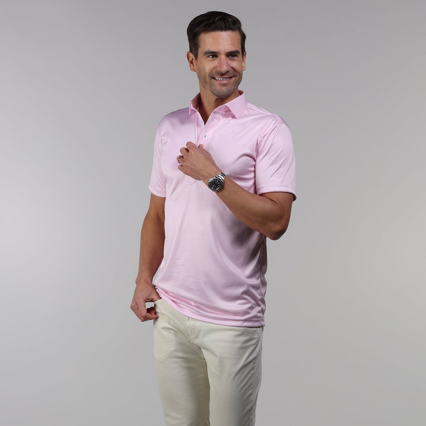 Semi-Spread Collar Polo Pink Houndstooth