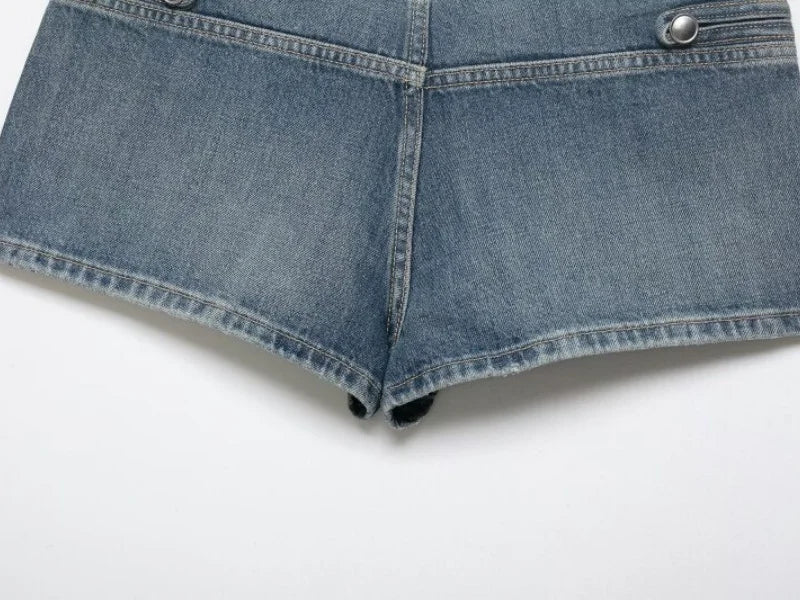 2026 New Women Denim 2 Piece Set Streetwear Button Decorated Stand Collar Cropped Jacket + Low Waist Shorts Y2K Outfi