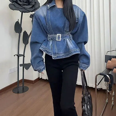 2026 Spring New American Style Washed Denim Jacket For Women Belted Waist Slim Fit Design Versatile And Trendy Casual Outerwear