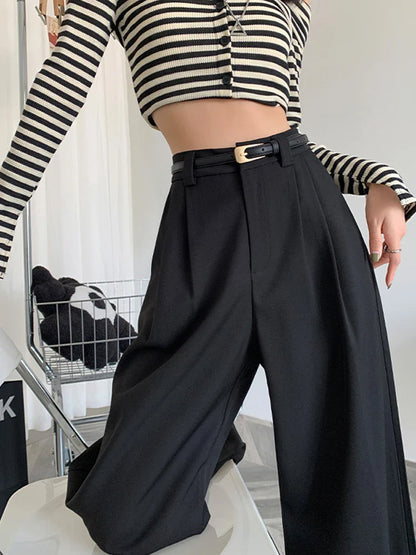 2025 Fall Winter Elegant Gray Suits Pants for Women Office Lady High Waist Wide Leg Fashion Trousers with Pockets Black Pants