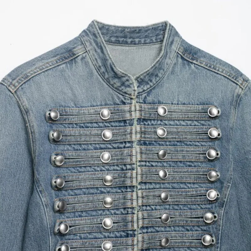 2026 New Women Denim 2 Piece Set Streetwear Button Decorated Stand Collar Cropped Jacket + Low Waist Shorts Y2K Outfi