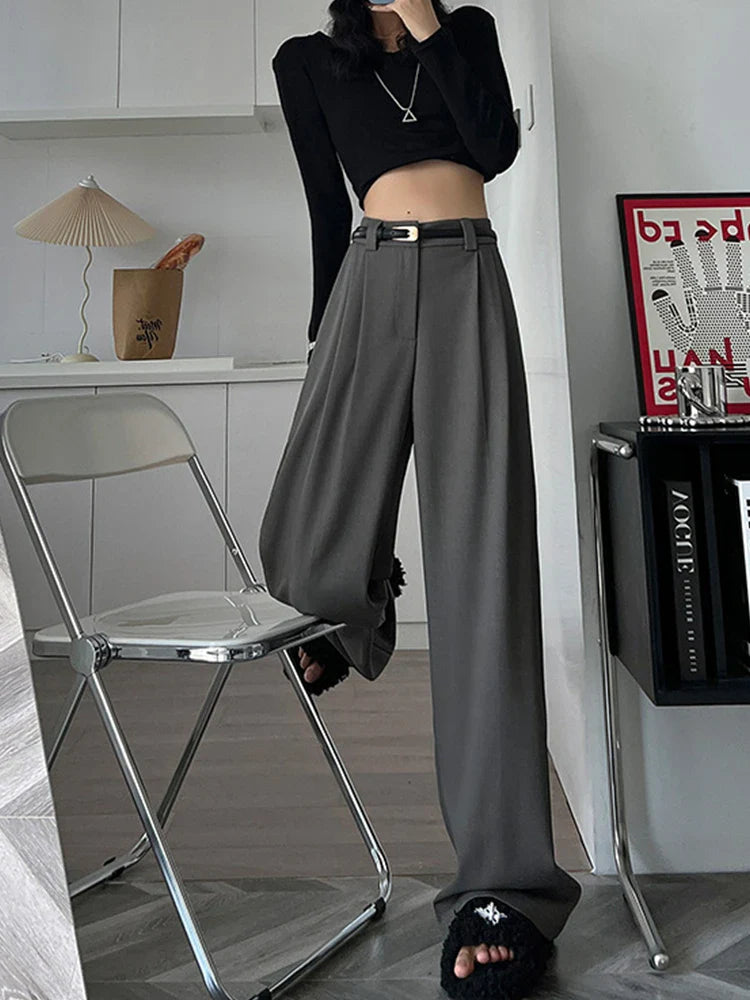2025 Fall Winter Elegant Gray Suits Pants for Women Office Lady High Waist Wide Leg Fashion Trousers with Pockets Black Pants