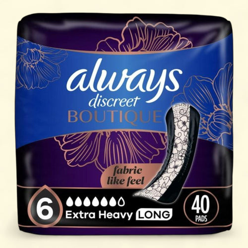 Always Discreet Boutique Incontinence Pads, Extra Heavy Absorbency, Long Length, 40 CT
