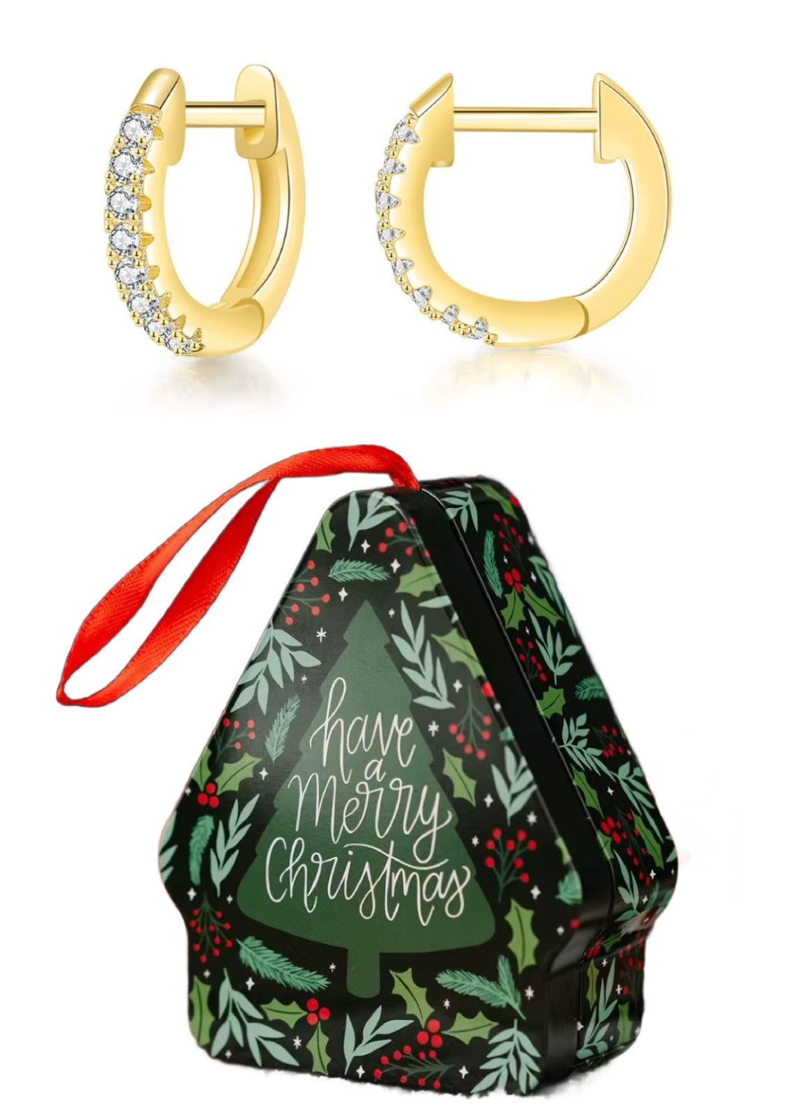 Gold Huggie Hoop Earrings Christmas Ornament Tin