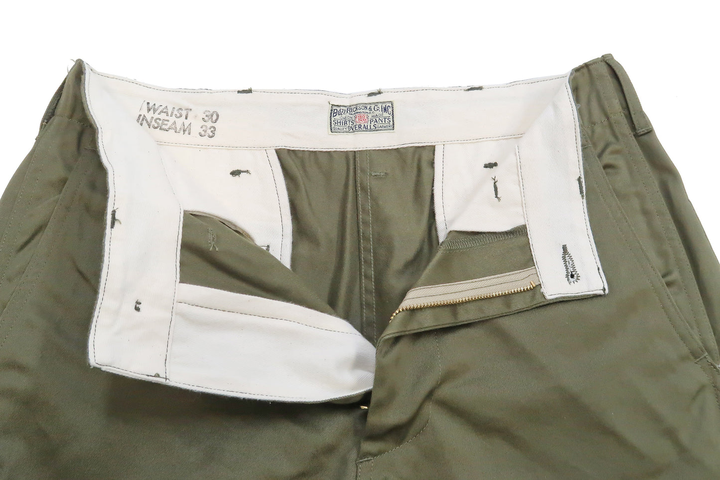 Buzz Rickson's Men's Original Spec Chinos 8.2 oz. Cotton Twill High-Rise Slimmer Straight Fit Military Chino Trousers with Zipper Fly Made in Japan (BR40025, 03 Olive One Wash)