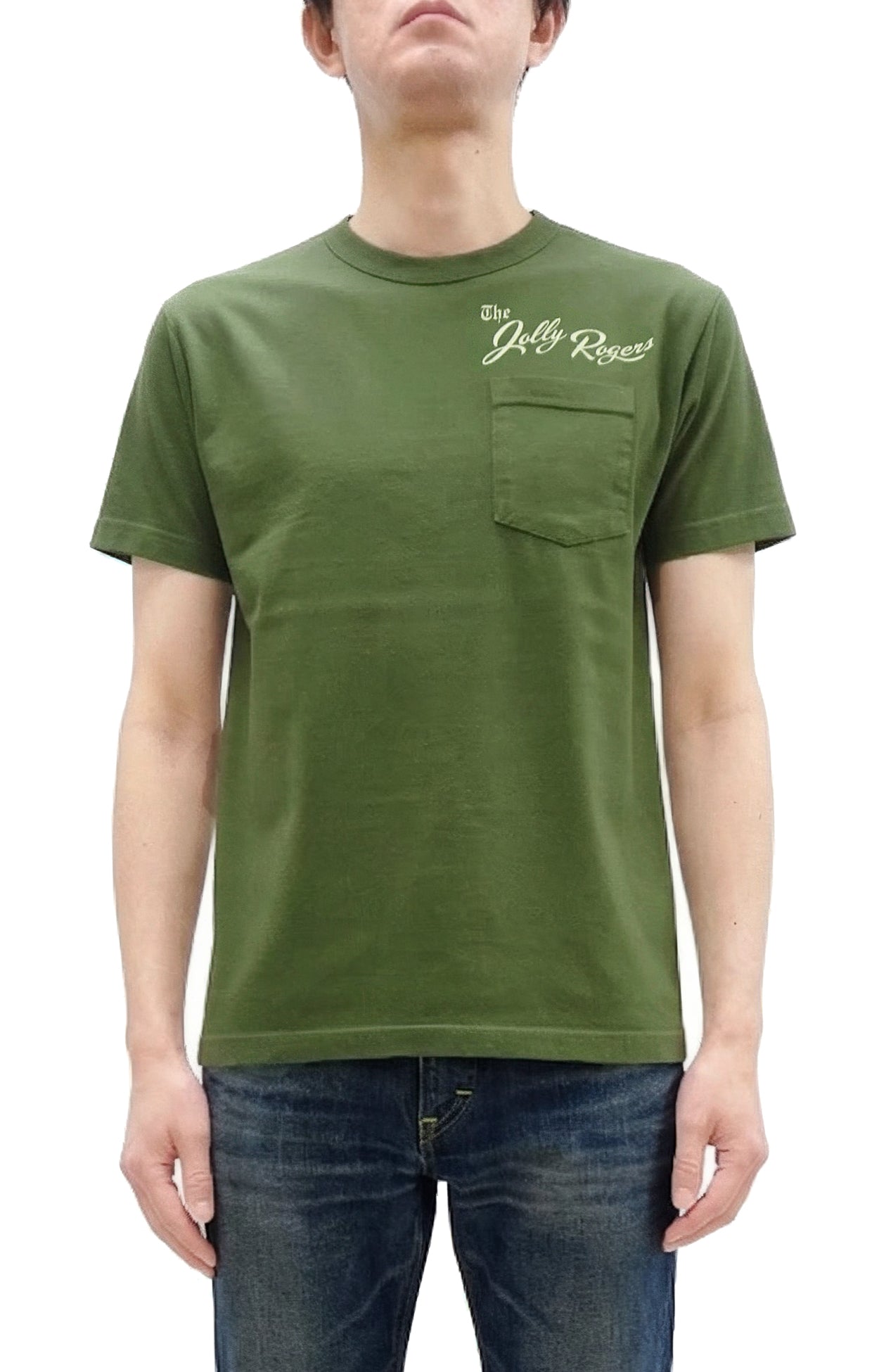 Buzz Rickson Men's Short Sleeve Loopwheeled Graphic Pocket T-Shirt - Jolly Rogers Military-Inspired Print - Made in USA (BR79711 149 Olive)