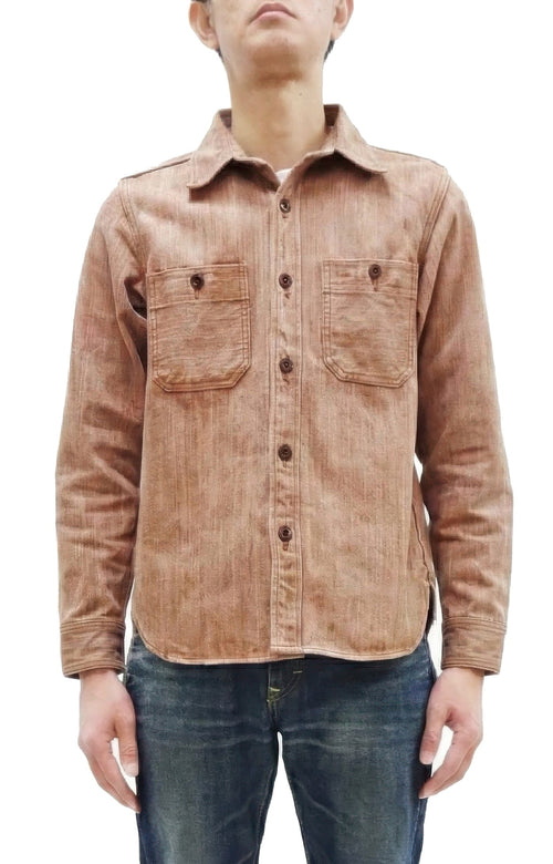 Studio D'artisan Men's 13 oz Kakishibu Persimmon-Dyed Denim Work Shirt, Made in Japan Heavyweight Long Sleeve Earth-Tone shirt (SDA D5732 Reddish-Brown)