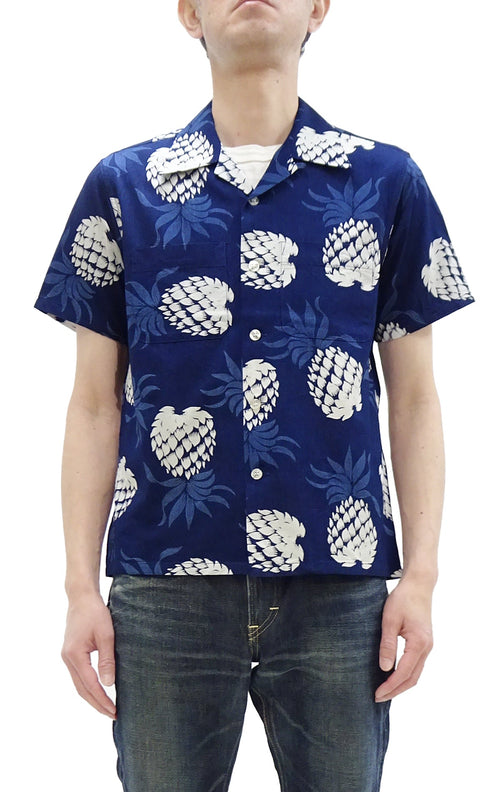 Duke Kahanamoku Cotton Hawaiian Shirt Men's 1950s Duke's Pineapple Print Reproduction Short-Sleeve Indigo Aloha Shirt DK39045 128 Navy-Blue