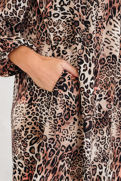 Brown Leopard Ruffled Detail Long Sleeve Loose Mini Dress
