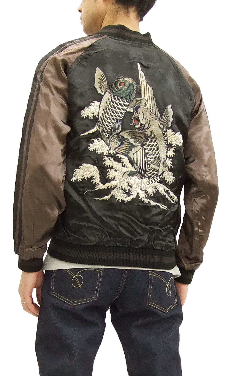 Satori Script Japanese Souvenir Jacket Koi Fish Carps Men's Sukajan GSJR-011 Black/Charcoal-Gray