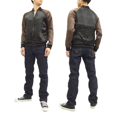 Satori Script Japanese Souvenir Jacket Koi Fish Carps Men's Sukajan GSJR-011 Black/Charcoal-Gray