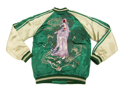 Satori Script Japanese Souvenir Jacket Guanyin Men's Sukajan GSJR-013 Green/Beige