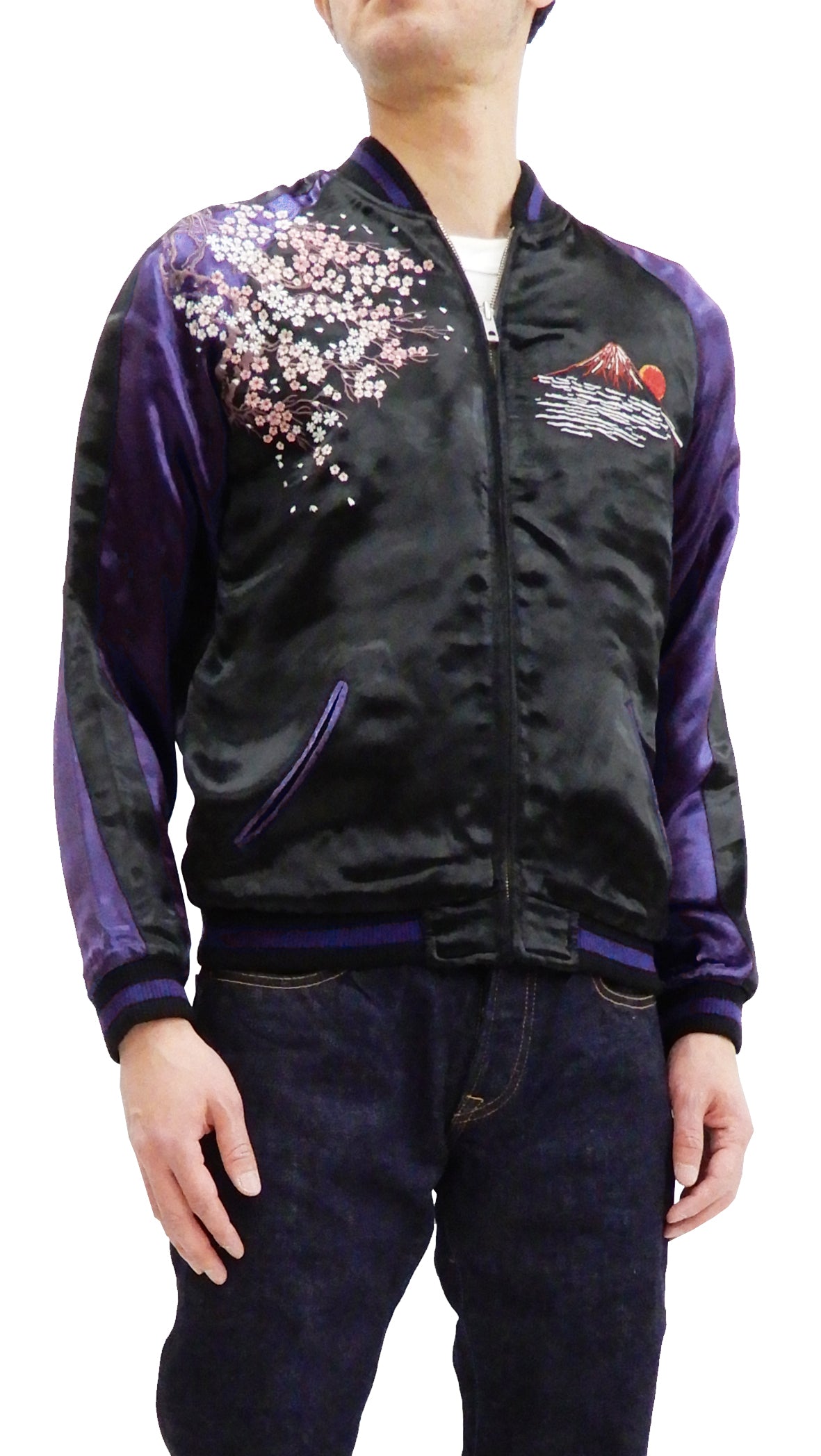 Satori Script Men's Japanese Souvenir Jacket Geisha Oiran Sukajan GSJR-021 Black/Dark-Blue