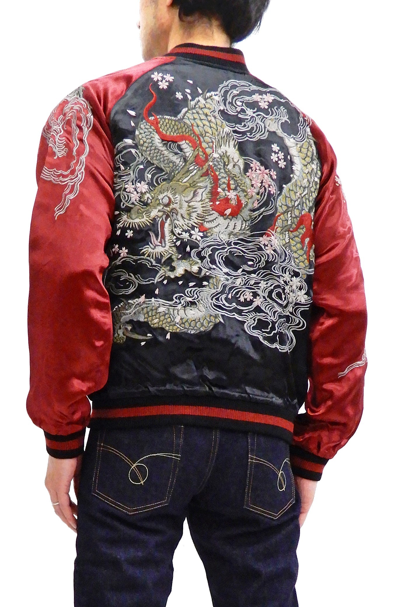 Satori Script Men's Japanese Souvenir Jacket Dragon Embroidered Sukajan GSJR-022 Black/Wine