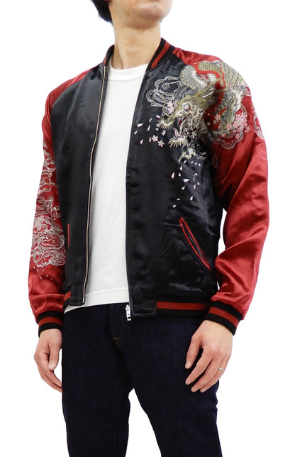 Satori Script Men's Japanese Souvenir Jacket Dragon Embroidered Sukajan GSJR-022 Black/Wine