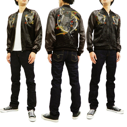 Satori Script Men's Japanese Souvenir Jacket Koi Fish Carp Sukajan GSJR-023 Black/Charcoal-Gray