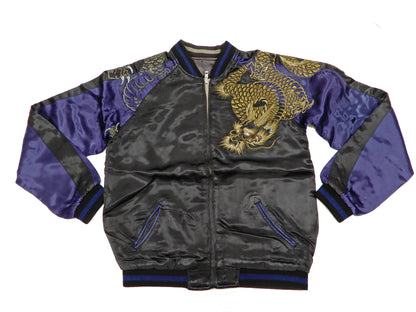 Satori Script Men's Japanese Souvenir Jacket Dragon Embroidered Sukajan GSJR-026 Black/Navy-Blue