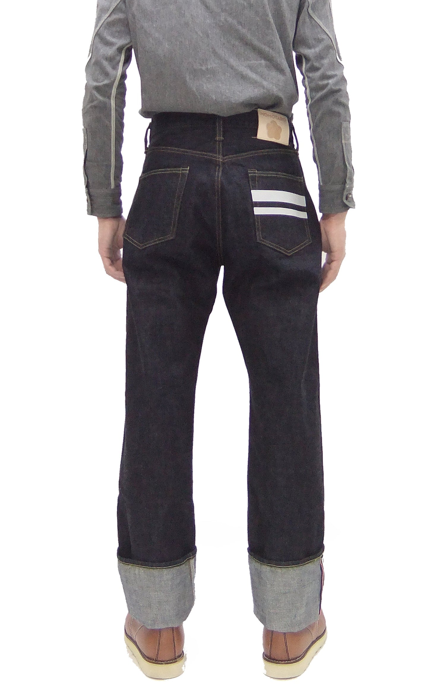 Momotaro Jeans #100 with Double-Stripe Paint Men's Loose Fit Classic Straight Button-Fly Jean Pants 14.7oz. Zimbabwean Cotton Deep Indigo Denim MMJB0101 One-Wash