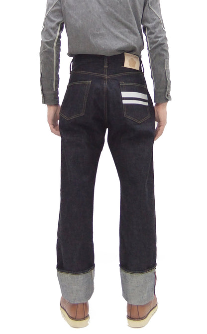 Momotaro Jeans #100 with Double-Stripe Paint Men's Loose Fit Classic Straight Button-Fly Jean Pants 14.7oz. Zimbabwean Cotton Deep Indigo Denim MMJB0101 One-Wash