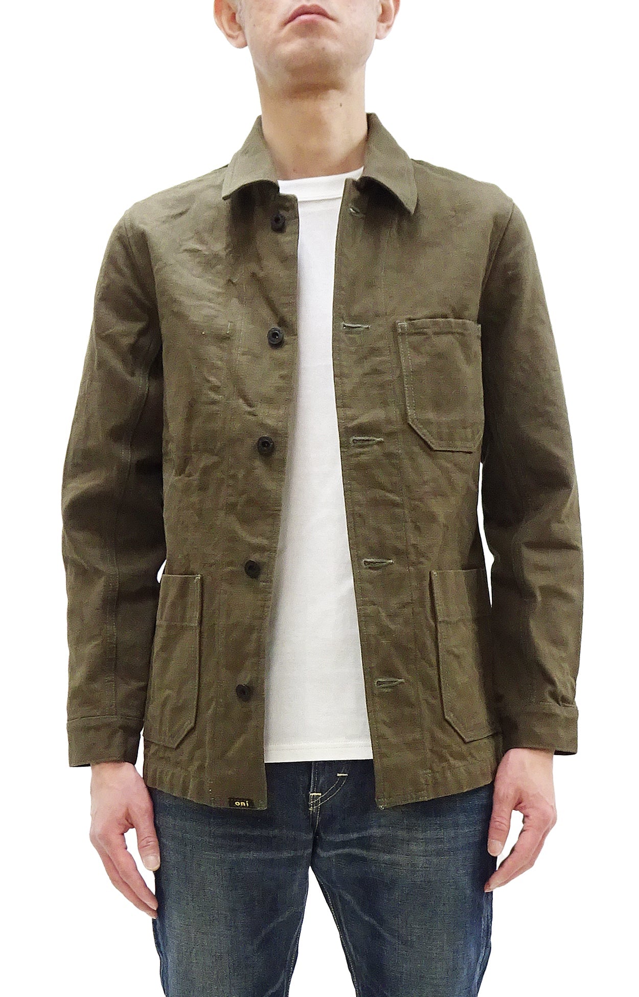 Oni Denim Chore Coat ONI-03100-HOX Men's Casual Modern-Fit Sulfur-Dyed Cotton Slub Oxford Weave Work Jacket Olive-Green One-Wash