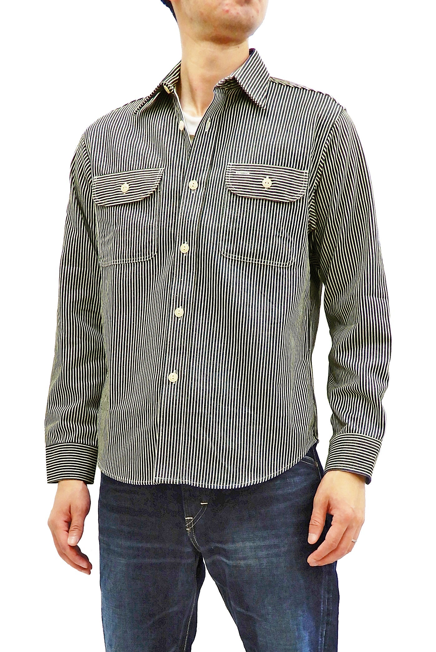 Sugar Cane Hickory Stripe Work Shirt Men's Casual Long Sleeve Button Up Shirt SC27853 Black