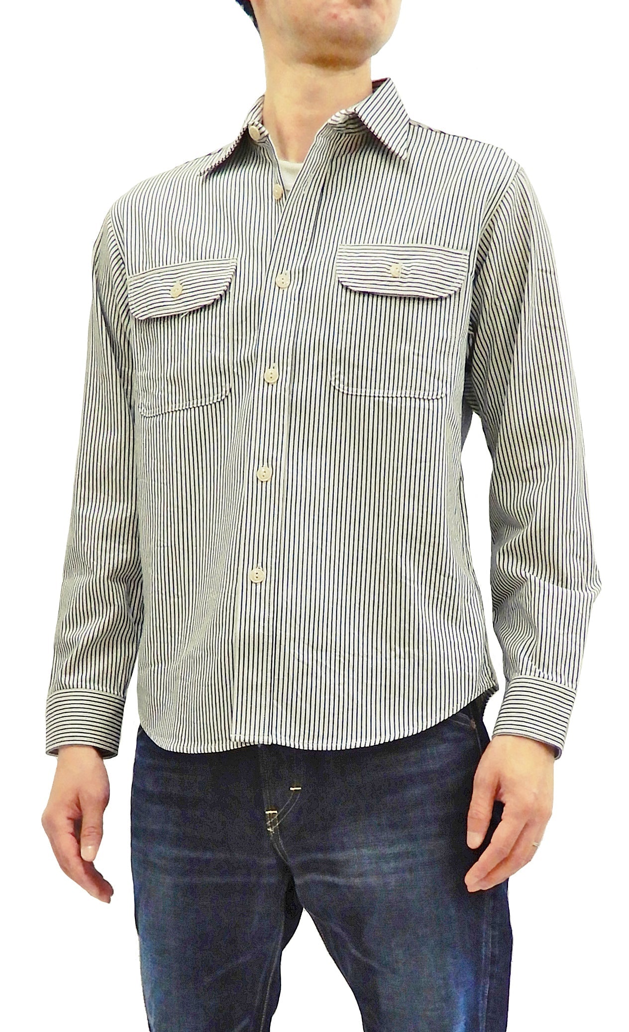 Sugar Cane Hickory Stripe Work Shirt Men's Casual Long Sleeve Button Up Shirt SC27853 Off-White