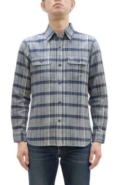 Sugar Cane Men's Indigo Plaid Long-Sleeve Work Shirt - Fiction Romance Collection - 100% Cotton, Inspired by Traditional Japanese Kimono Fabric, Made in Japan (SC29591 401A Off White)